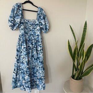 Abercrombie & Fitch Blue and White Puff Sleeve Midi Dress